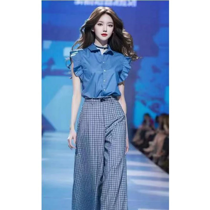 9374蓝色法式小飞袖衬衫2024新款女夏季小众设计感超好看气质休闲