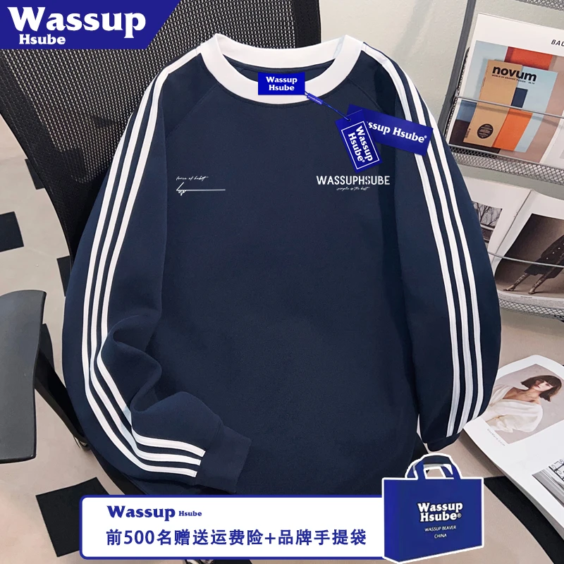 WASSUP HSUBE秋季潮牌T恤美式纯棉男女长袖ins小众英文三条杠上衣