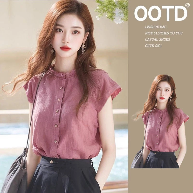 木耳边上衣夏季新款设计感小众立领小飞袖衬衫女独特别致漂亮小衫