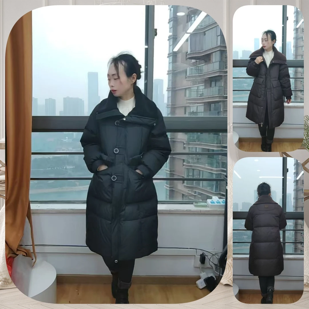 羽绒服-冬季时尚显瘦百搭毛领长款羽绒服-衣长92