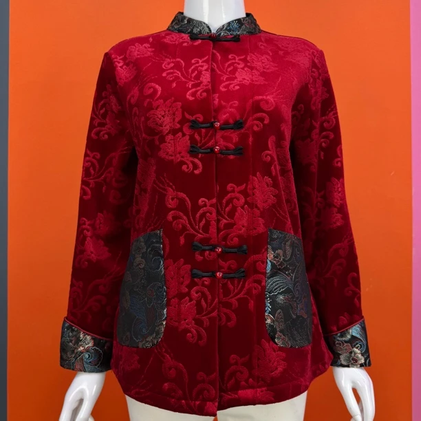 加绒秋冬新款加厚金丝绒外套显瘦开衫国风盘扣中老年妈妈保暖上衣