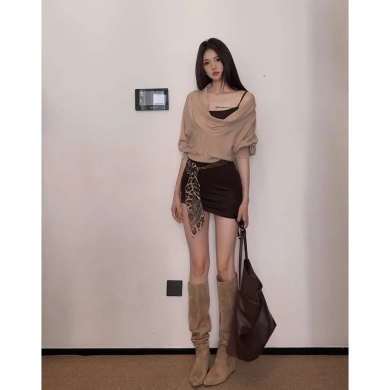 2025早秋新款女法式气质宽松荡领长袖上衣收腰显瘦包臀吊带连衣裙