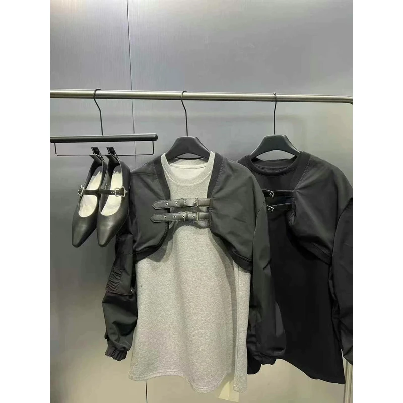 【欧欧】2025春季新款女装时尚休闲百搭款拼接皮带圆领长袖卫衣