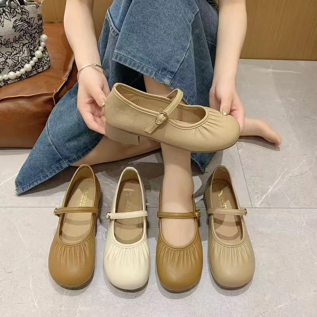 KAMANZHE/卡曼哲2025春季软底软面中跟百搭圆头褶皱豆豆鞋女鞋