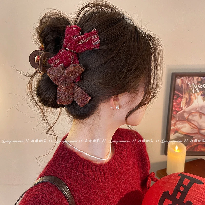 双蝴蝶结小香风抓夹女2025新款高级感大号鲨鱼夹后脑勺新年发饰冬