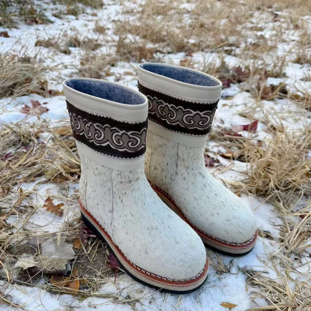 蒙古马毛靴内里羊毛一体防滑毡子底民族风雪地靴雪地棉
