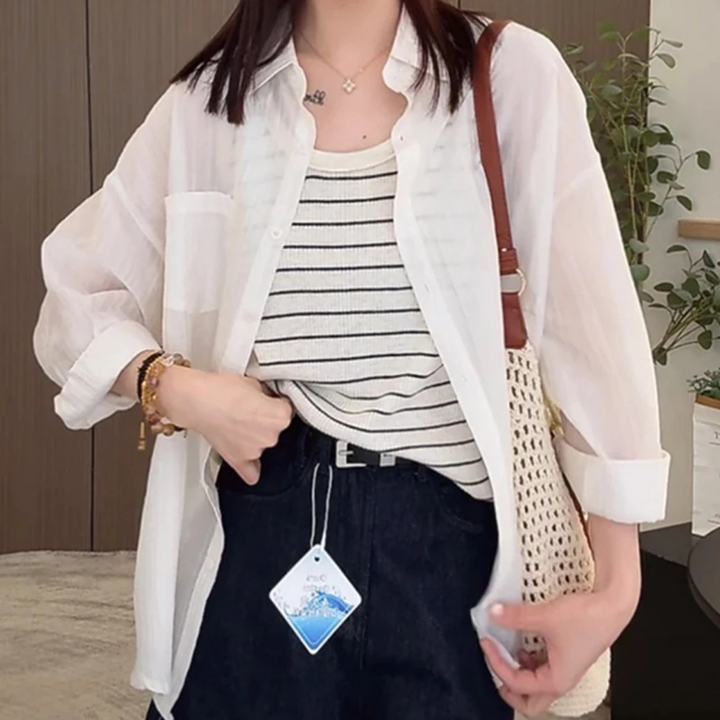 白色长袖衬衫女薄款2025新款夏季衬衣外套休闲百搭好看上衣女