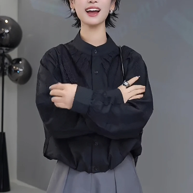立领设计感长袖衬衫女早秋2025新款宽松时尚显瘦蕾丝拼接气质上衣