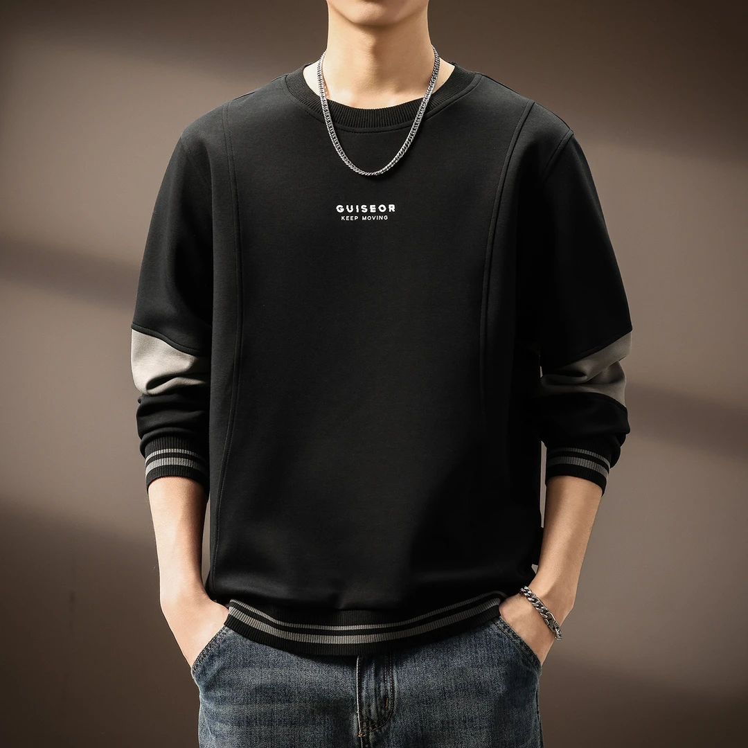 高端美式复古重磅圆领长袖卫衣男士2025秋冬新款拼接针织衫上衣男