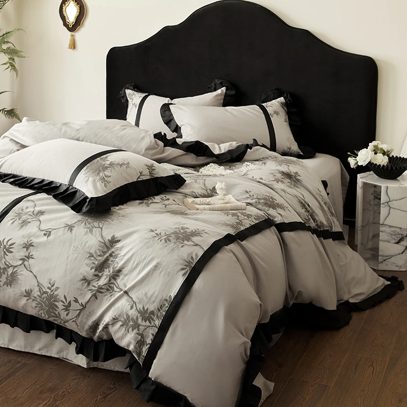 轻奢法式纯棉四件套蝴蝶边工艺款全棉色织四件套赫本风四件套纯棉