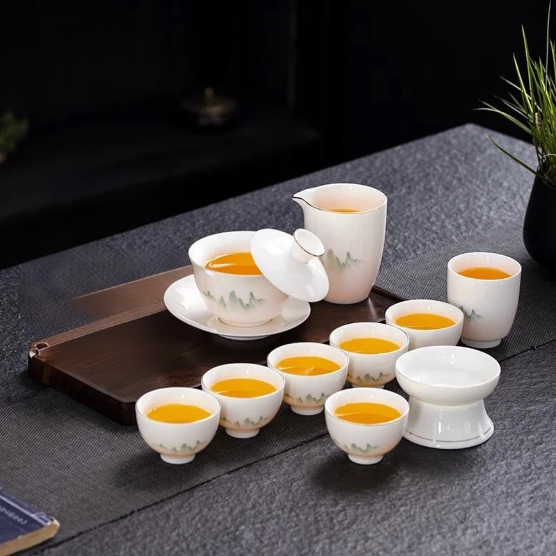 晟翔陶瓷茶具羊脂玉绿山盖碗主人杯11头