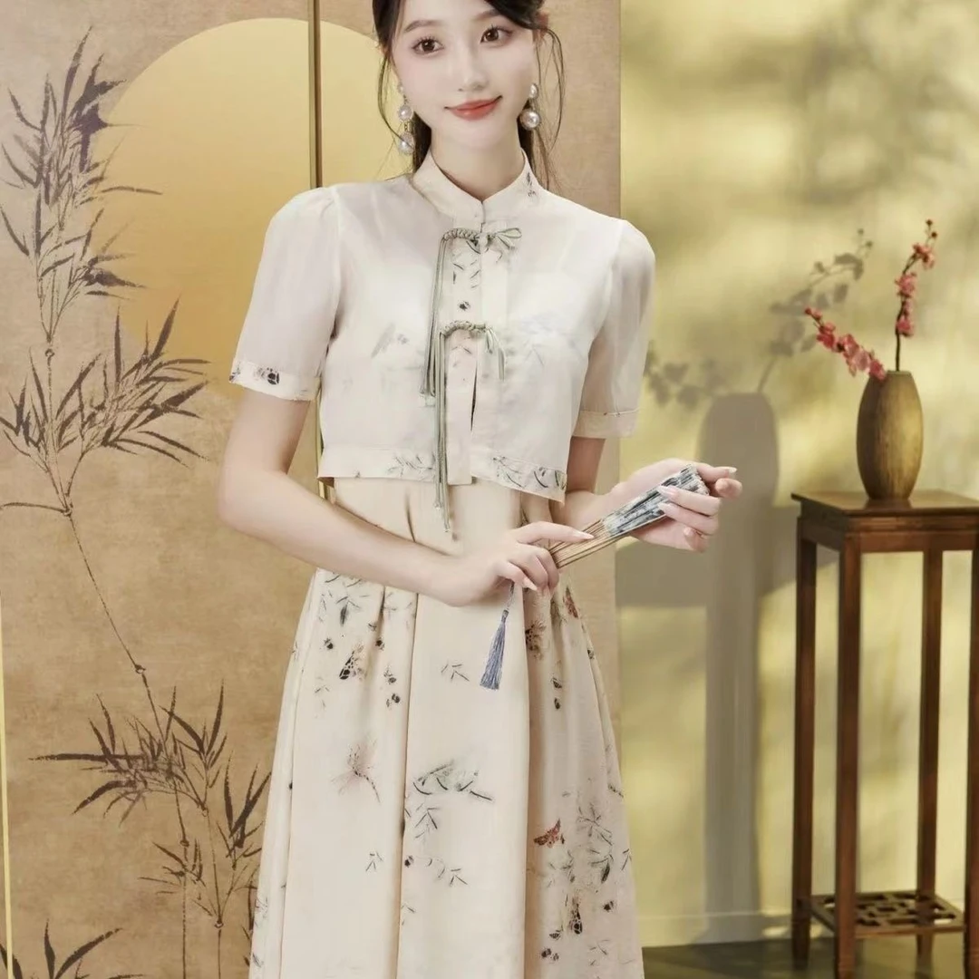 【两件套+里布】新中式禅意改良汉服吊带连衣裙大码高级感旗袍裙子