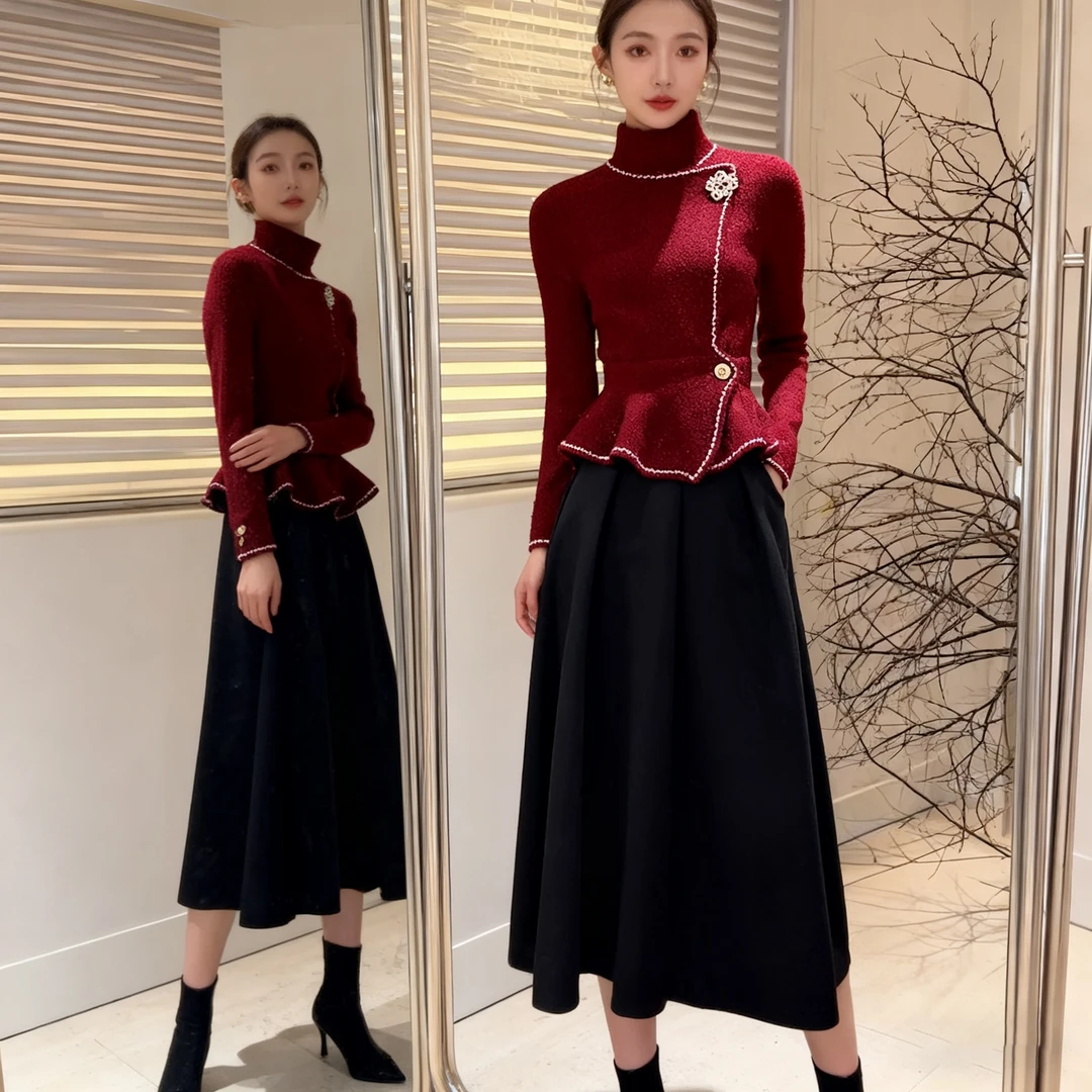 2025新款冬季时尚百搭毛衣红色气质法式洋气上衣搭裙子气质两件套