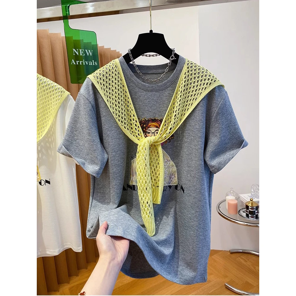 胖妹妹大码240斤镂空披肩t恤女短袖夏季新款宽松显瘦休闲百搭上衣