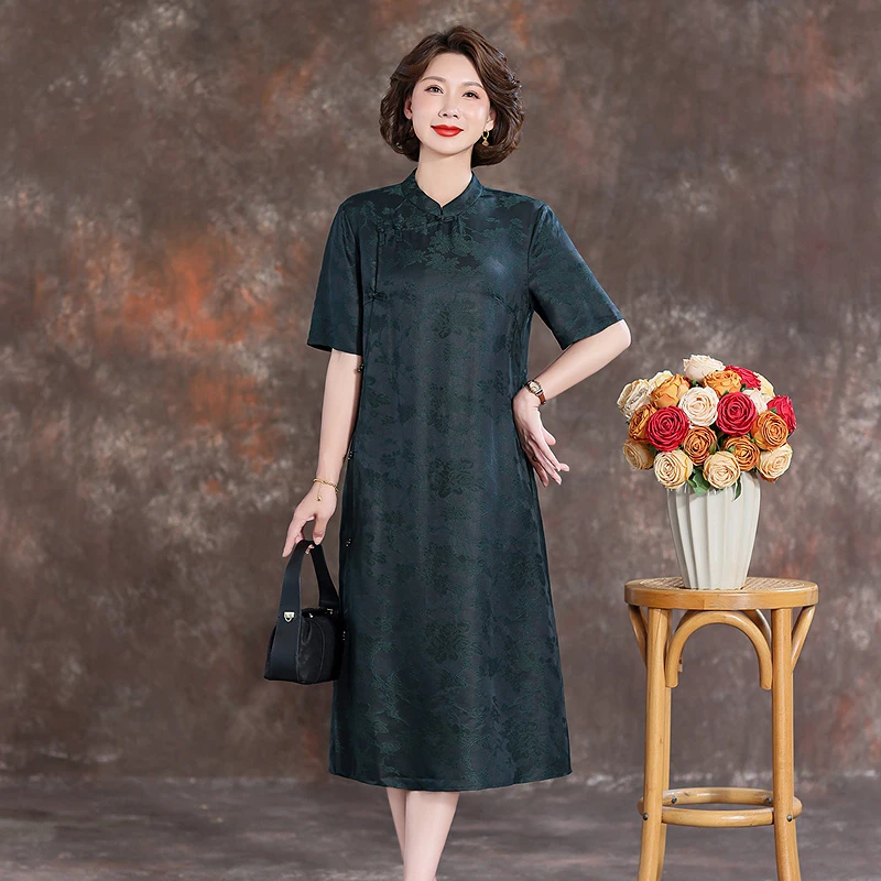 齐黛新中式香云纱连衣裙女2025新款改良旗袍宽松大码妈妈真丝袍子