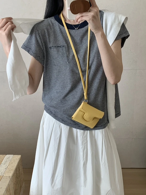 FUJIA STYLE新款韩版简约撞色领条纹针织短袖T恤T88236