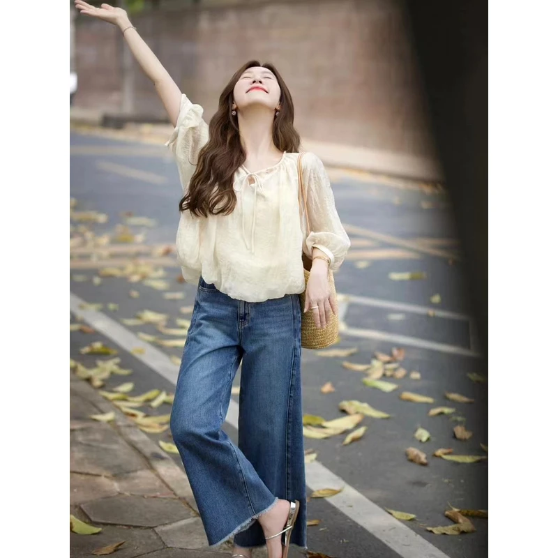 A333春夏白色泡泡袖系带轻盈薄款小衫上衣