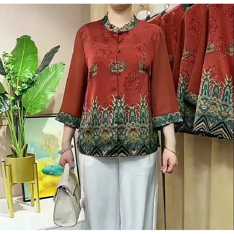 时尚妈妈薄款立领盘扣国风中老年开衫上衣