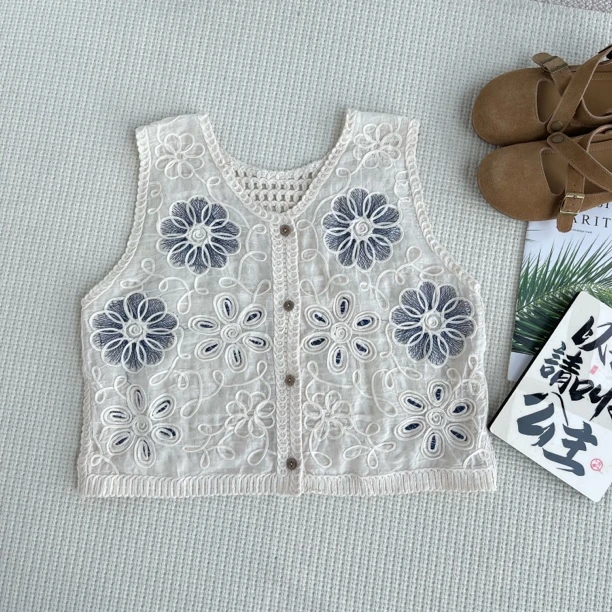 ［巧巧定制］法式新百搭修身显瘦时尚重工钩花镂空无袖衬衣外套6551