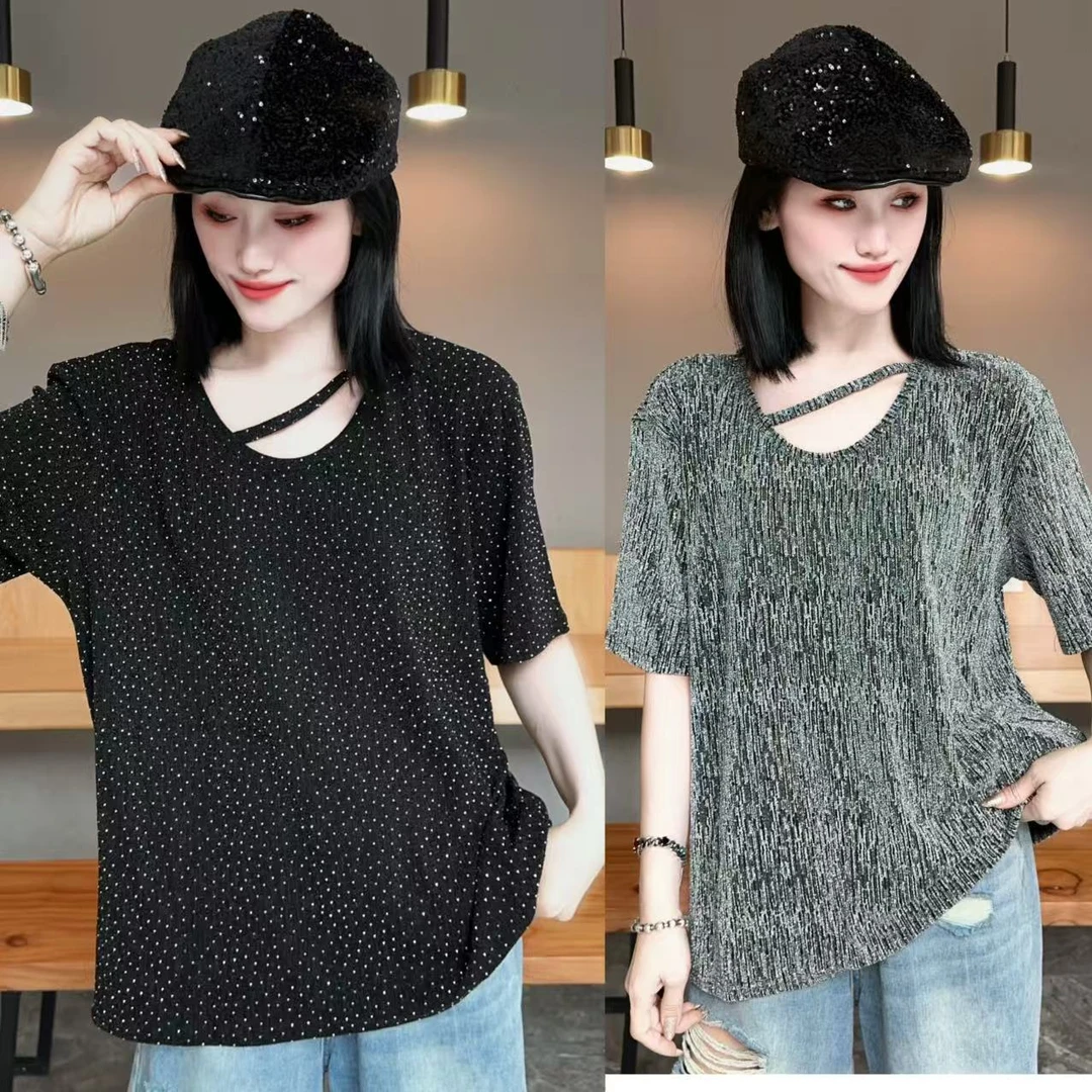 【YJ·高定】2025夏季薄款百搭显瘦设计感烫钻半袖上衣女 YY2833