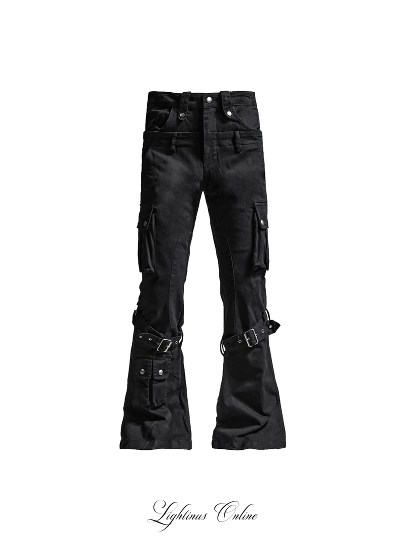 Lightinus 【黯夜掠影】视觉系重工双腰头拼接绑带多口袋vibe微喇裤