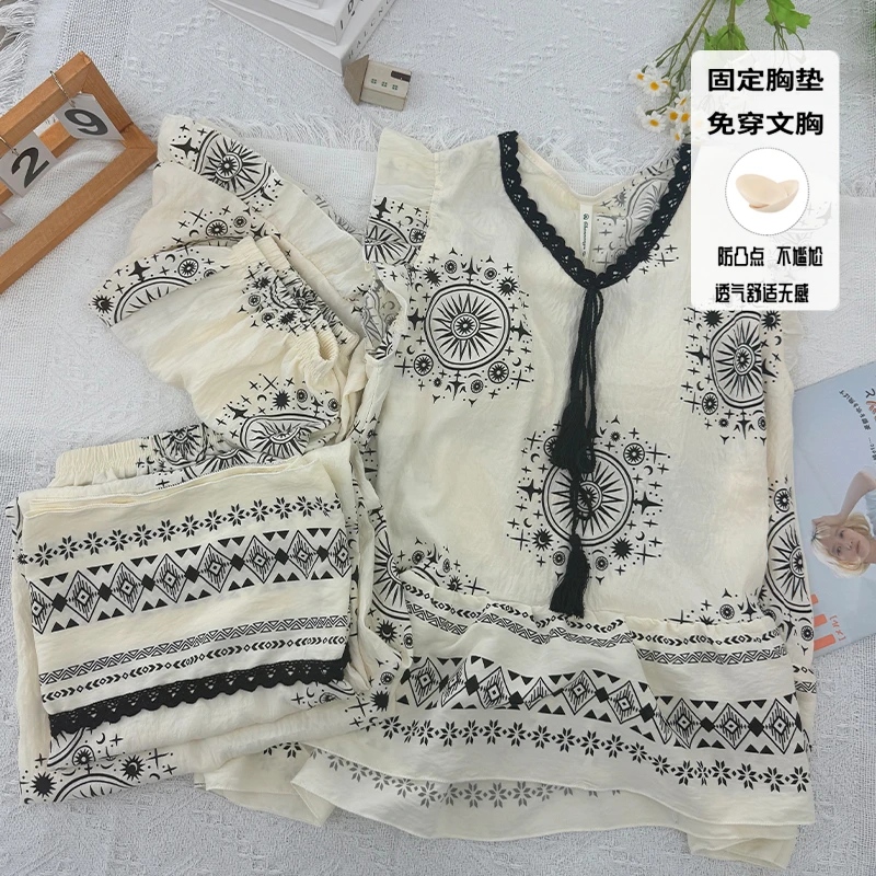 带胸垫睡衣女款爆款2025新款度假风宽松休闲家居服可外穿三件套