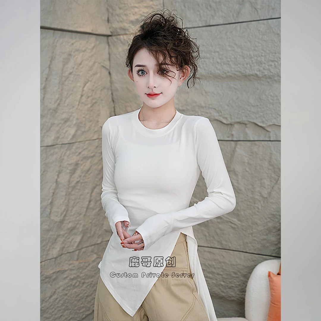 Moses Queen/魔西女王不规则开叉长袖t恤女修身纯欲风打底衫上衣