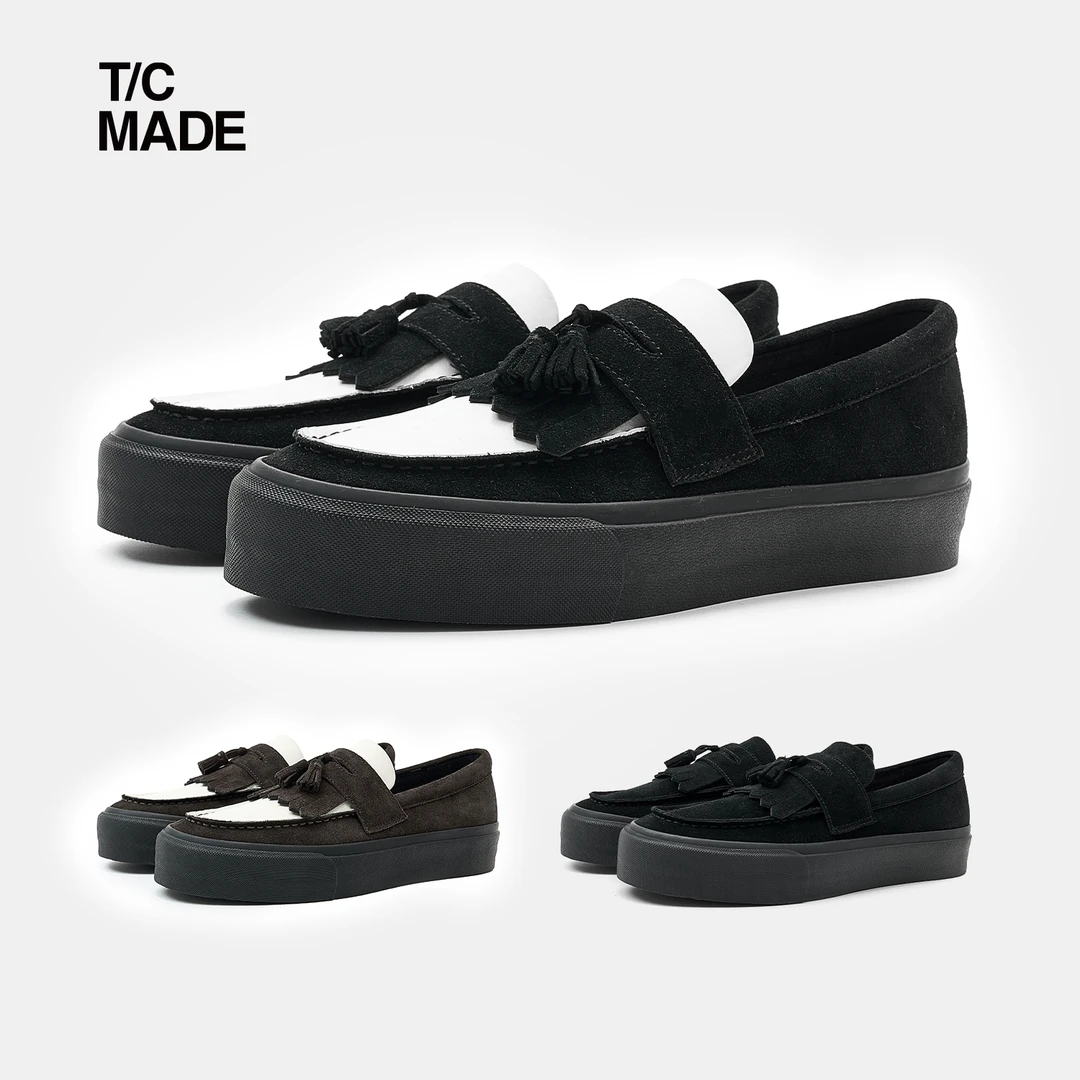 TCMADE 25AW乐福低帮硫化鞋 一脚蹬老钱风厚底增高休闲翻毛牛皮鞋