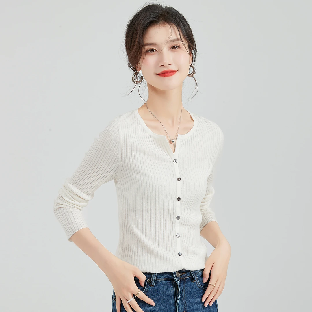 金菊【含山羊绒+桑蚕丝】长袖V领针织上衣开衫纯色女式针织衫百搭