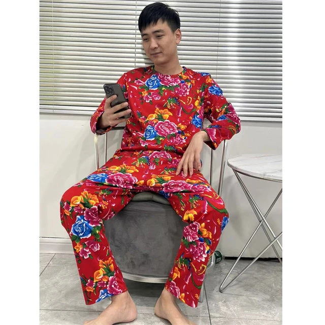 秋冬德绒大红花男士家居服套装宽松长袖长裤东北大花情侣睡衣套装