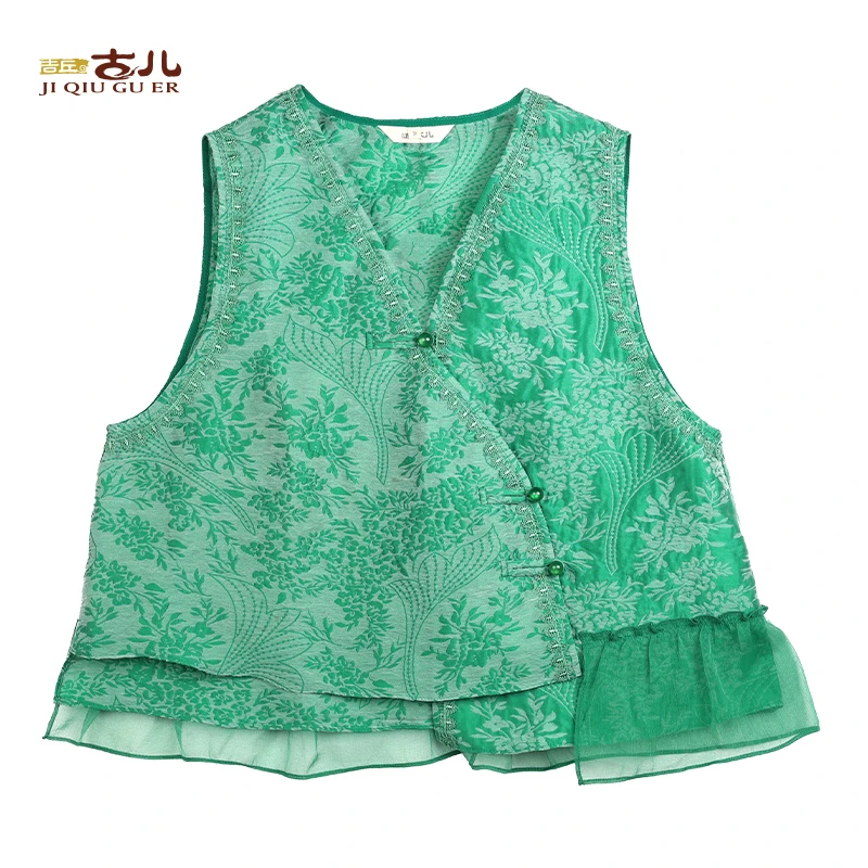 吉丘古儿青芜不对称马甲绿拼接国风休闲时尚复古宽松秋G251Y050