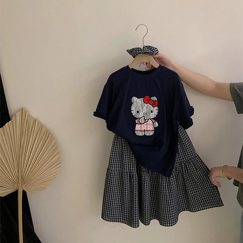 【安安家】女童韩版夏季蕾丝卡通猫咪短袖格子半身裙两件套Z-LAH05