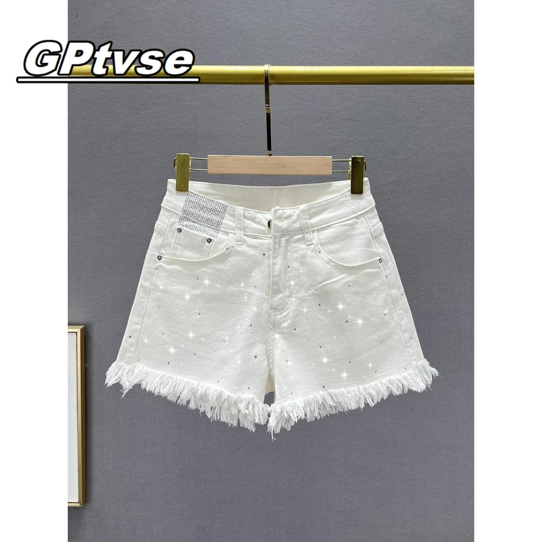 GPTVSE烫钻牛仔短裤女2025年新款夏季弹力高腰宽松显瘦毛边热裤子