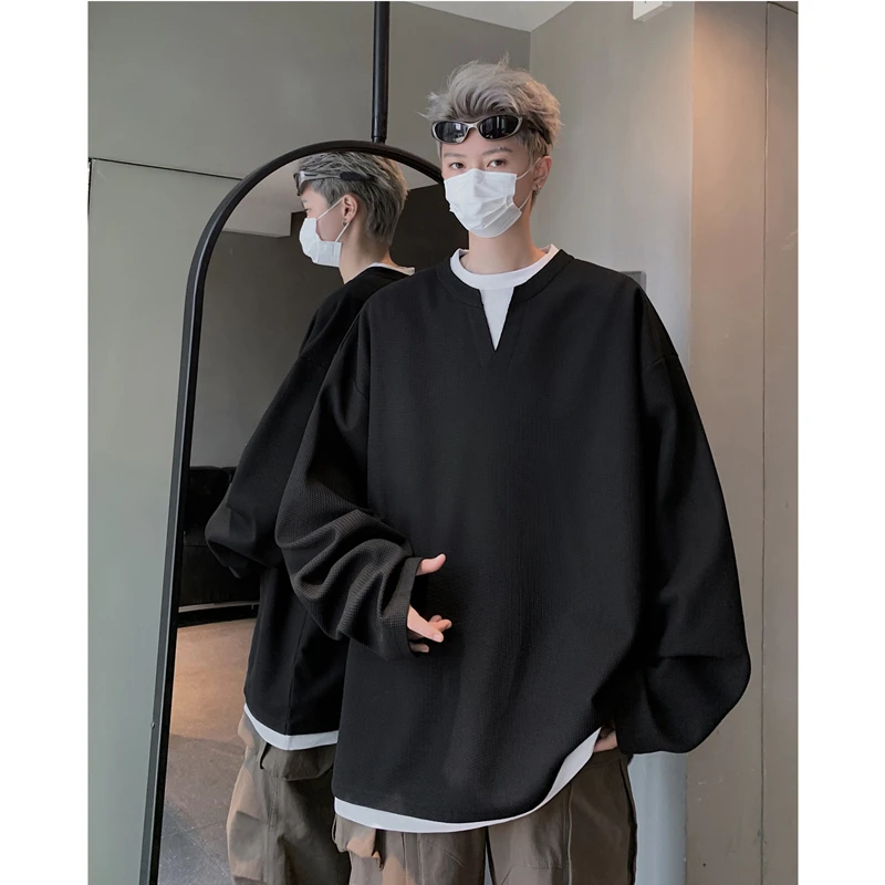 肌理感假两件V领长袖T恤男重磅卫衣小众设计感ins潮流大码亨利领