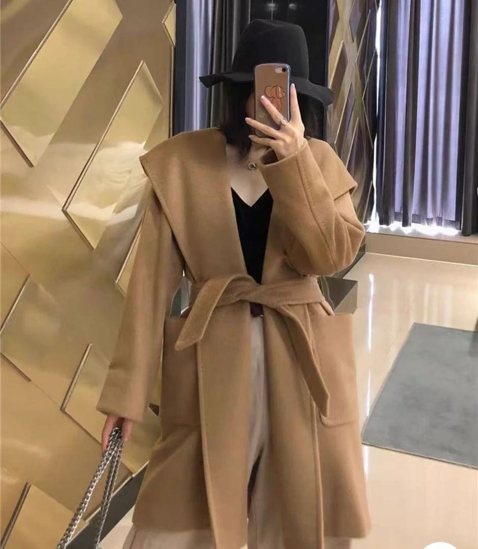 全新未使用 MaxMara sm13063531 驼色连帽腰带骆驼绒大衣 34码