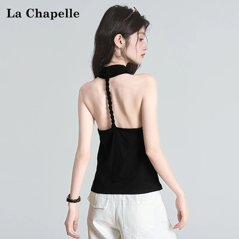 拉夏贝尔2025夏季法式荡领吊带背心女修身显瘦后背扭绳挂脖上衣
