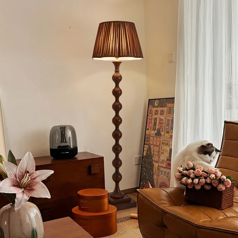 中古风落地灯美式复古沙发旁落地灯实木布罩 客厅落地灯房间灯