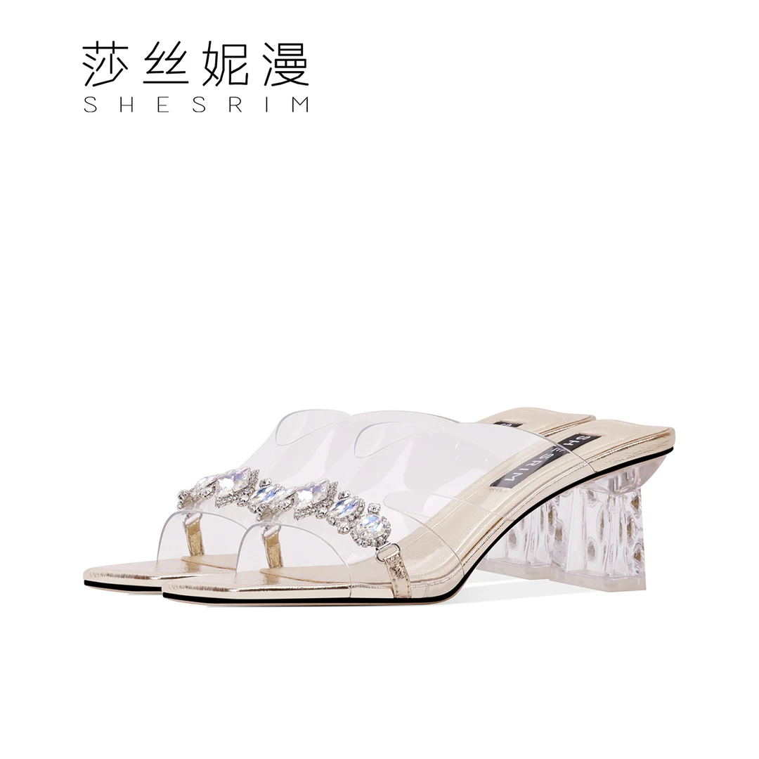 96-时尚高跟拖鞋女2025年夏季女鞋水晶跟透明粗跟露趾凉鞋百搭