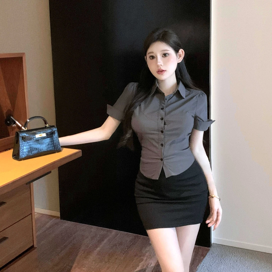 时尚套装高腰通勤衬衫辣妹风收腰气质纯欲风少女风性感衬衣修身