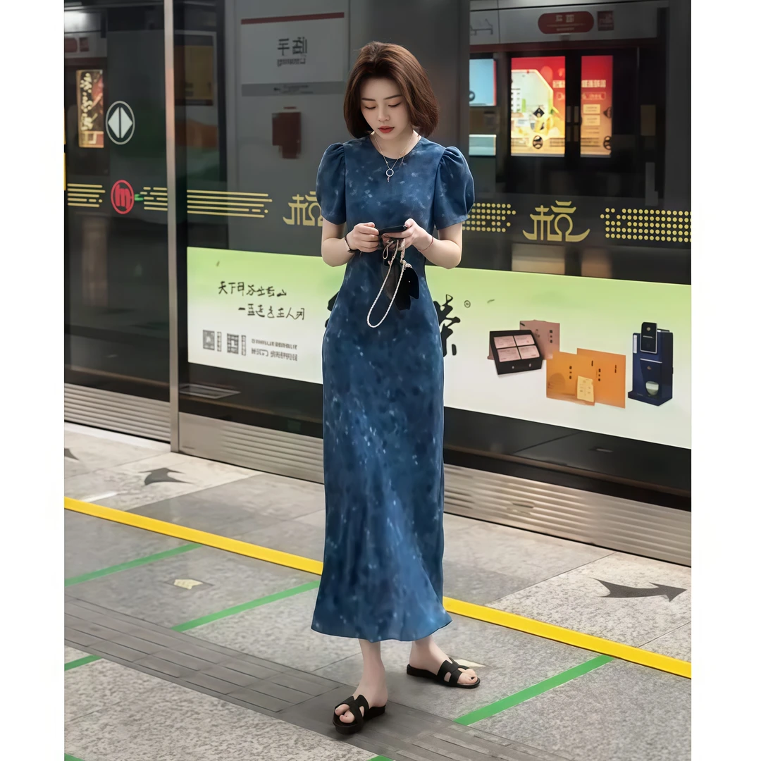 复古气质优雅短袖连衣裙女夏季2025新款超好看独特收腰显瘦长裙子