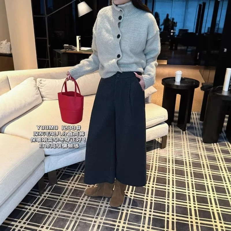 素心兰/YOUMO秋冬轻奢质感毛呢褶皱高腰显瘦七分阔腿休闲裤女装