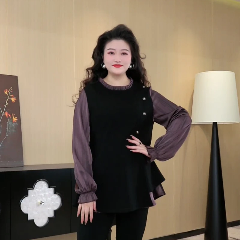 胖大旋定制大码女装春季新款圆领纽扣百搭显瘦时尚宽松上衣ZB6587