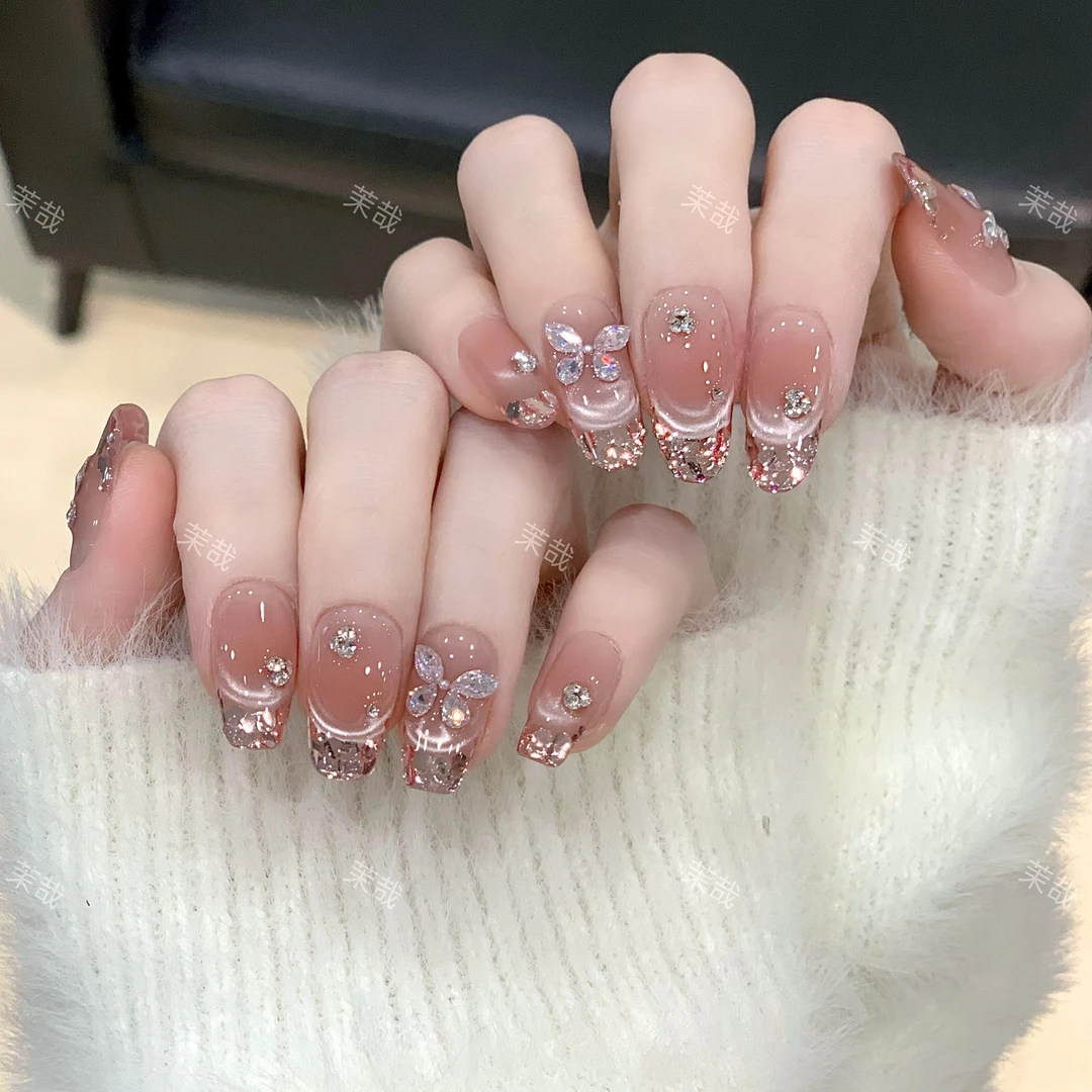 茉哉现货皮皮【粉羽微光】纯手工定制美甲拆卸穿戴甲A4259