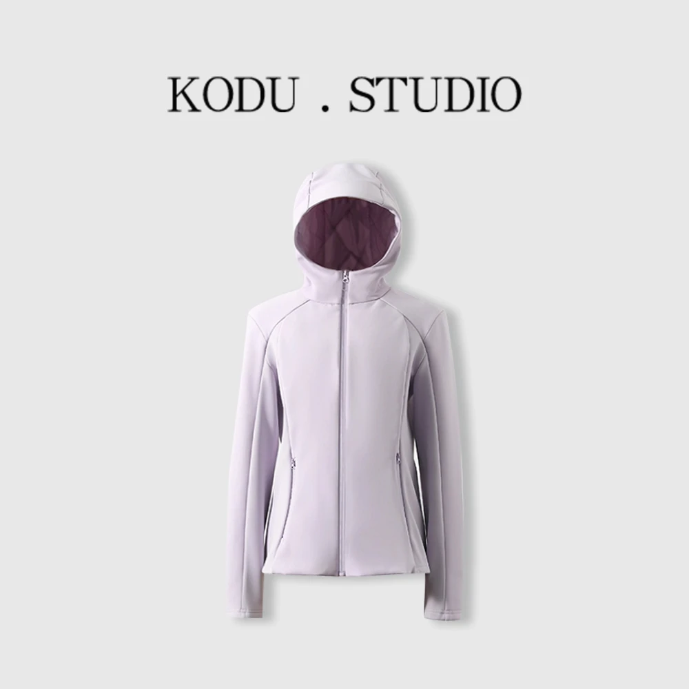 YI【刻度KODU】HH-5904冬季纯色连帽拼接软壳修身显瘦薄款羽绒服