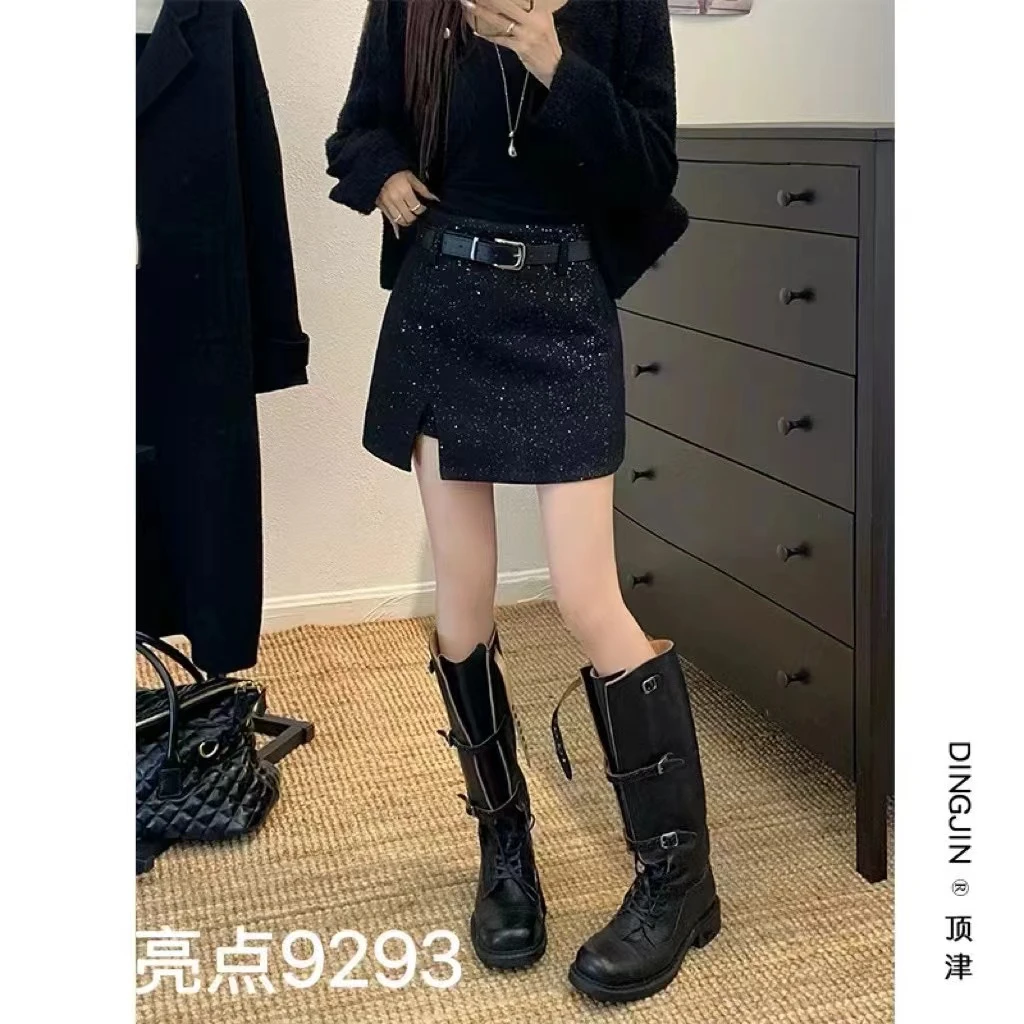 胖丫专属-9293黑色亮片包臀半身裙女小个子开叉半裙高腰a字短裙子