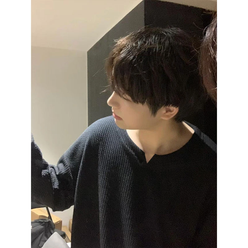 亨利领肌理感慵懒V领卫衣男秋季新款美式宽松内搭打底衫上衣潮T恤