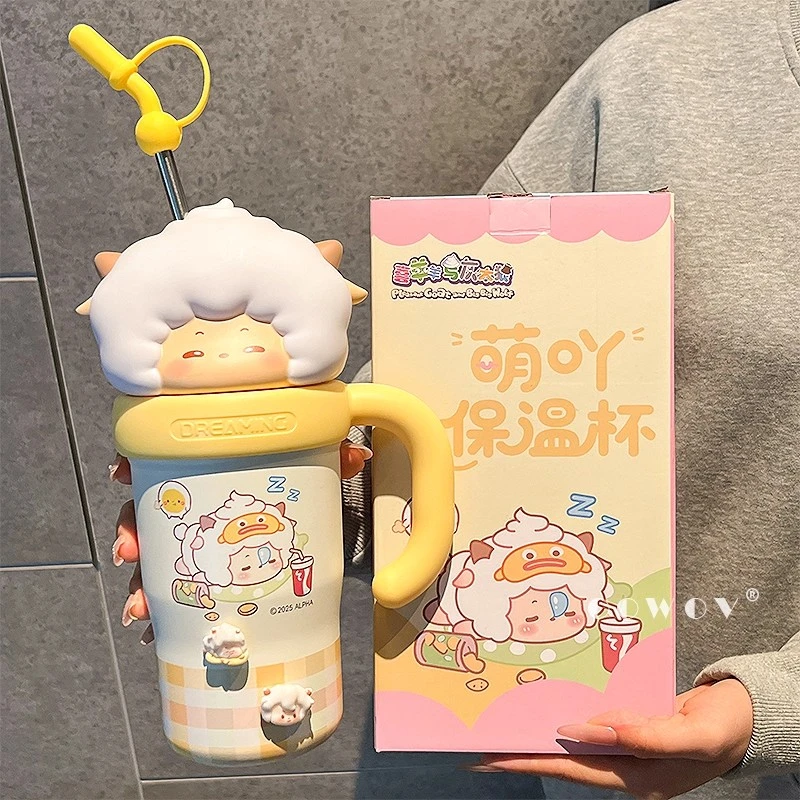 新款喜羊羊与灰太狼保温杯女生可爱高颜值大容量吸管杯情侣冰霸杯