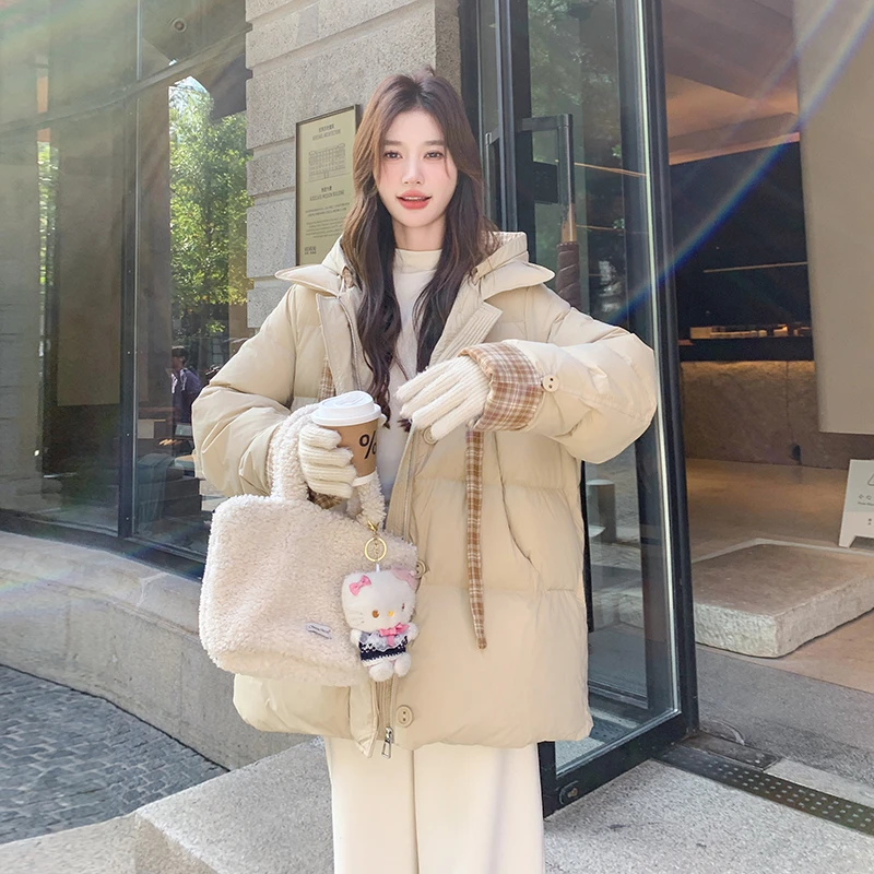 2025新品格子撞色中长款羽绒服小个子连帽宽松加厚保暖韩版冬季