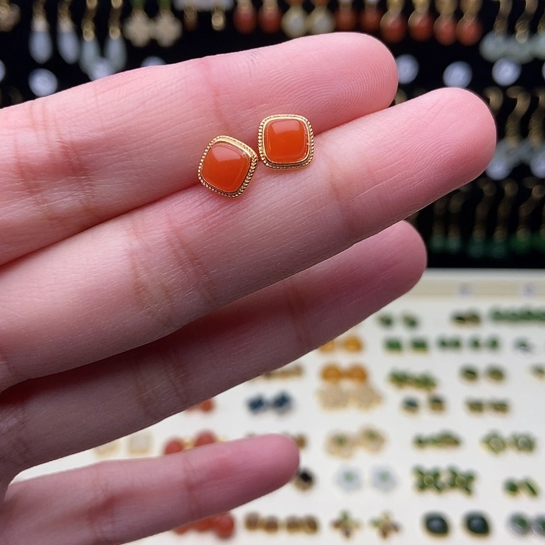 和田玉银S925镀金镶嵌耳饰