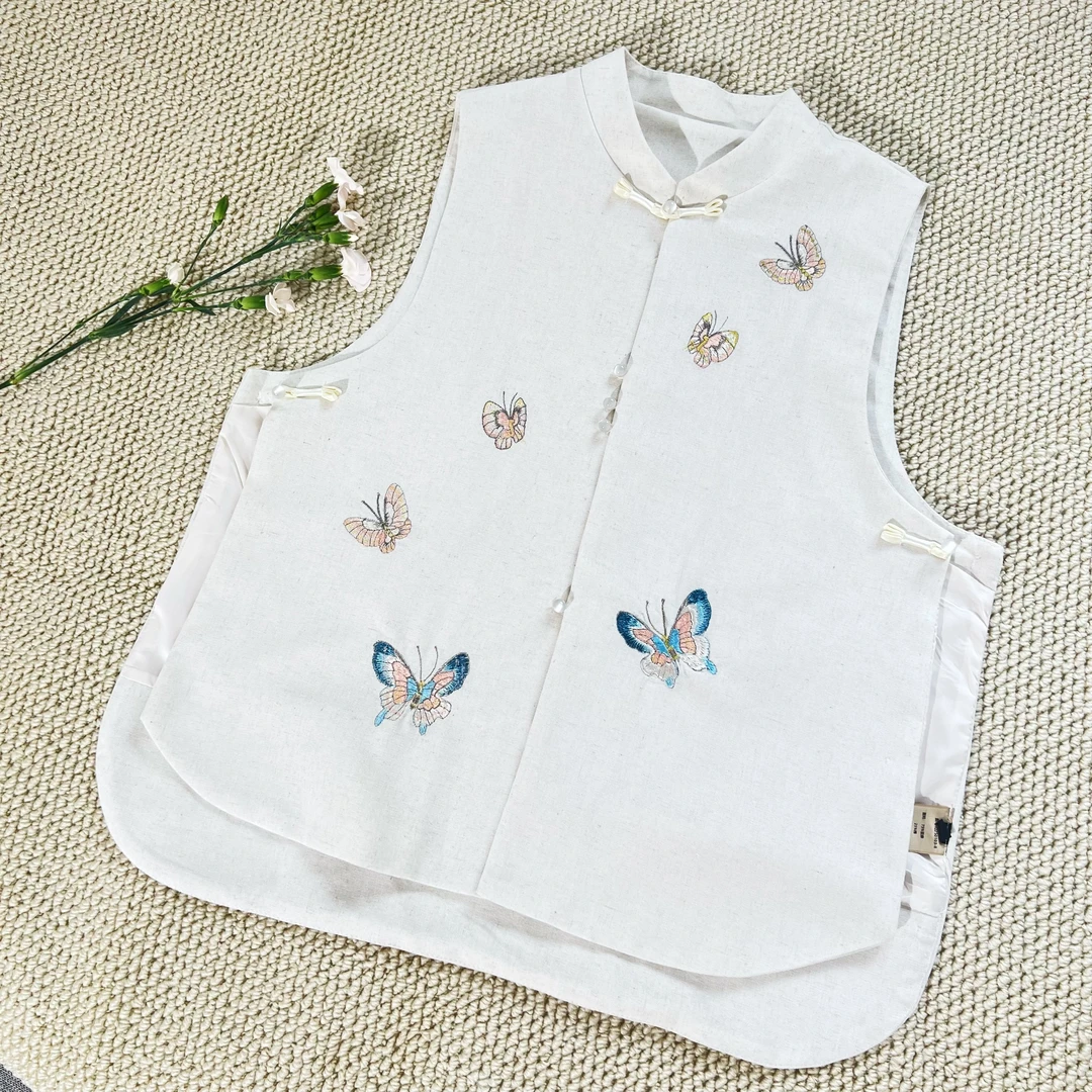 【柔粉蝶影】新中式棉麻盘扣无袖温婉清爽国风马甲